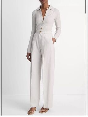 New Vince high rise waist pleated trousers grey gray tan linen 2 cotton